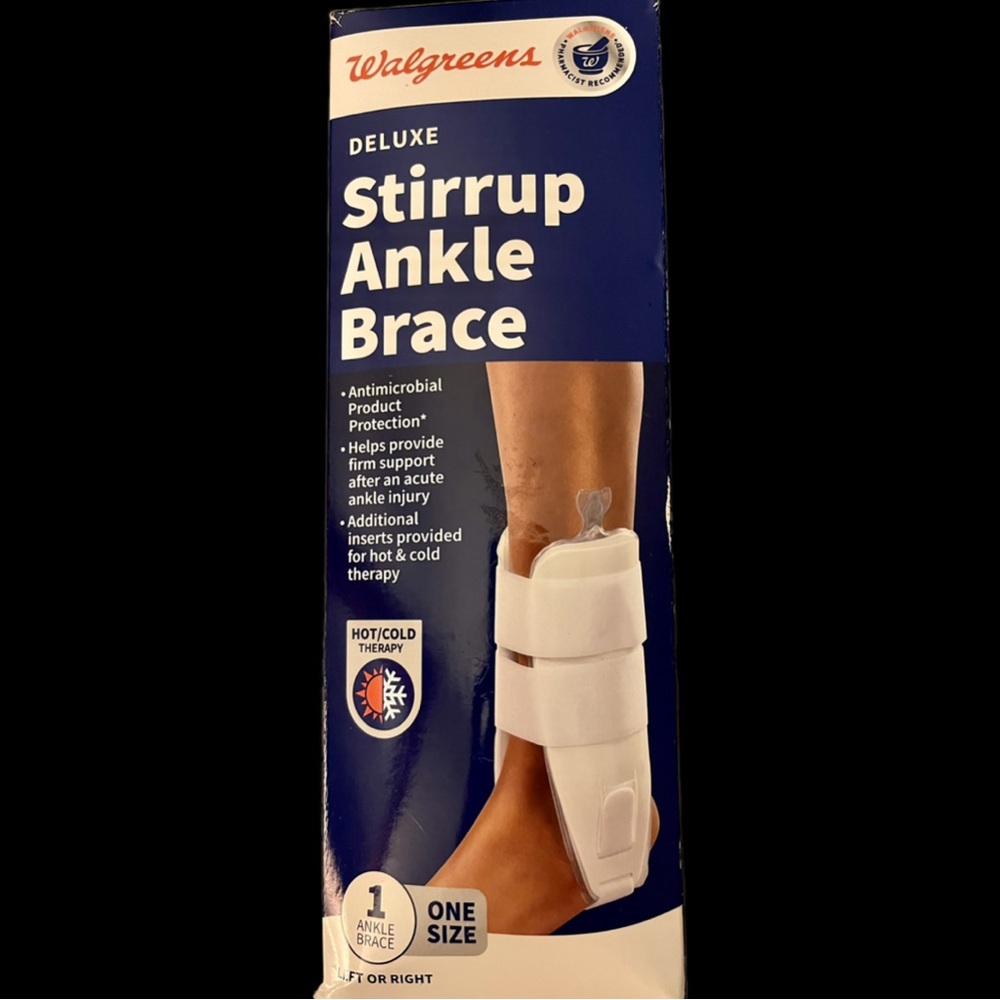NIB NEW Deluxe Stirrup Ankle Brace Hot & Cold Therapy Inserts OS Left or Right